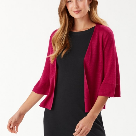 Tommy Bahama linen hot pink 3/4 Bell sleeve open cardigan Lea Dress XL java Red